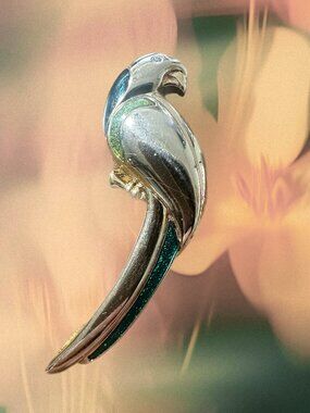 Liz Claiborne Brooch Pin LC Parrot Bird Rhinestone Blue Green Enamel Gold